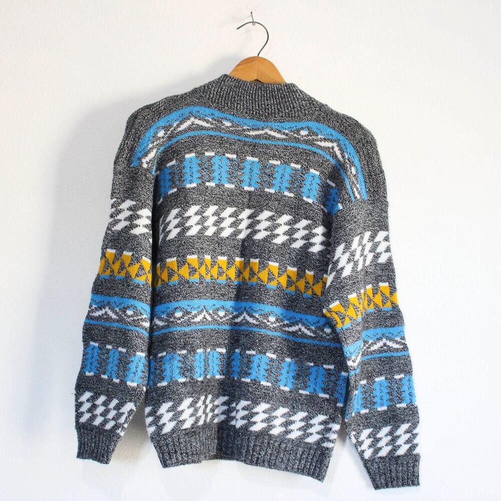 Vintage 90s Mens Geometric Knit Pullover Sweater Small Gray Blue Grandpa